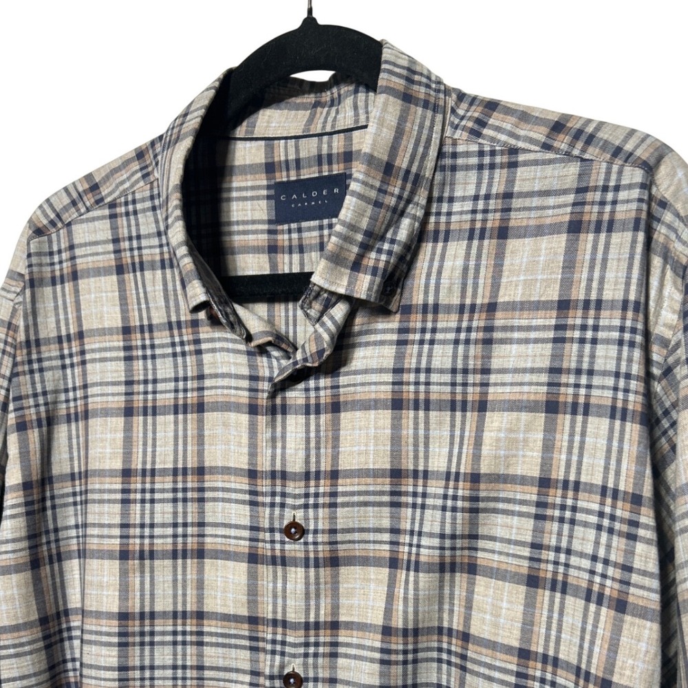 Calder Carmel Mens‎ Plaid Button Down Shirt Long Sleeve Tan Brown Navy Blue XL